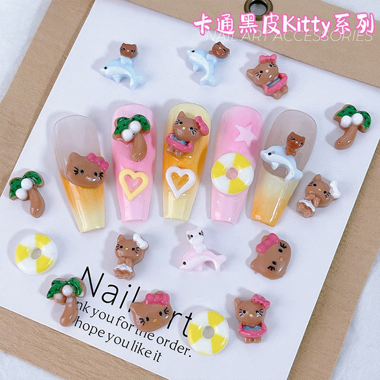 新款卡通黑皮KT猫美甲饰品网红立体椰树夏日可爱蝴蝶结美甲钻配饰