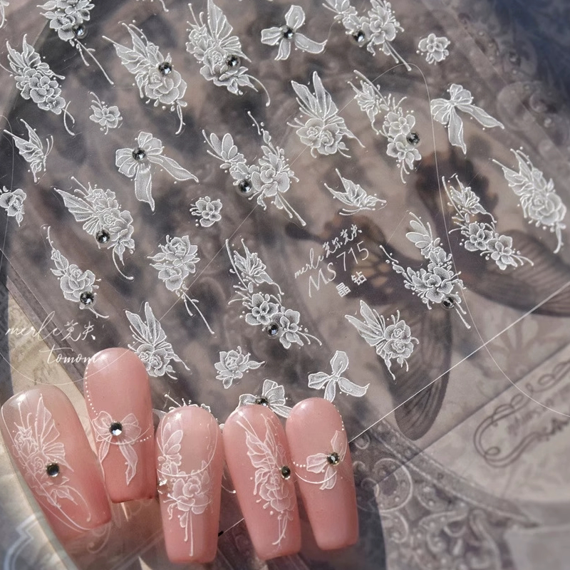 新款蝴蝶玫瑰美甲贴纸立体浮雕晶钻珍珠仙白色蝴蝶结烛台指甲贴纸