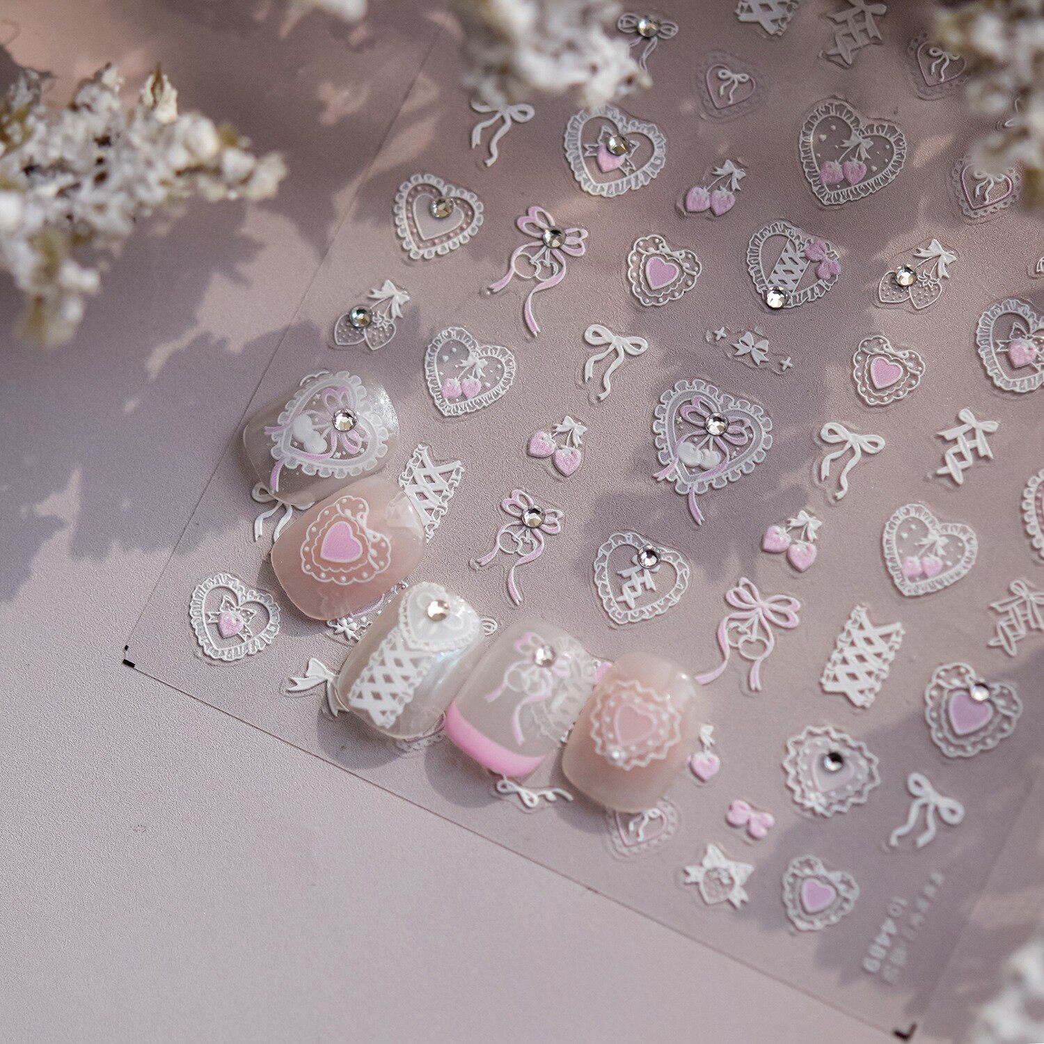 白色爱心蕾丝美甲贴纸立体浮雕日系少女粉爱心蝴蝶结樱桃5d指甲贴