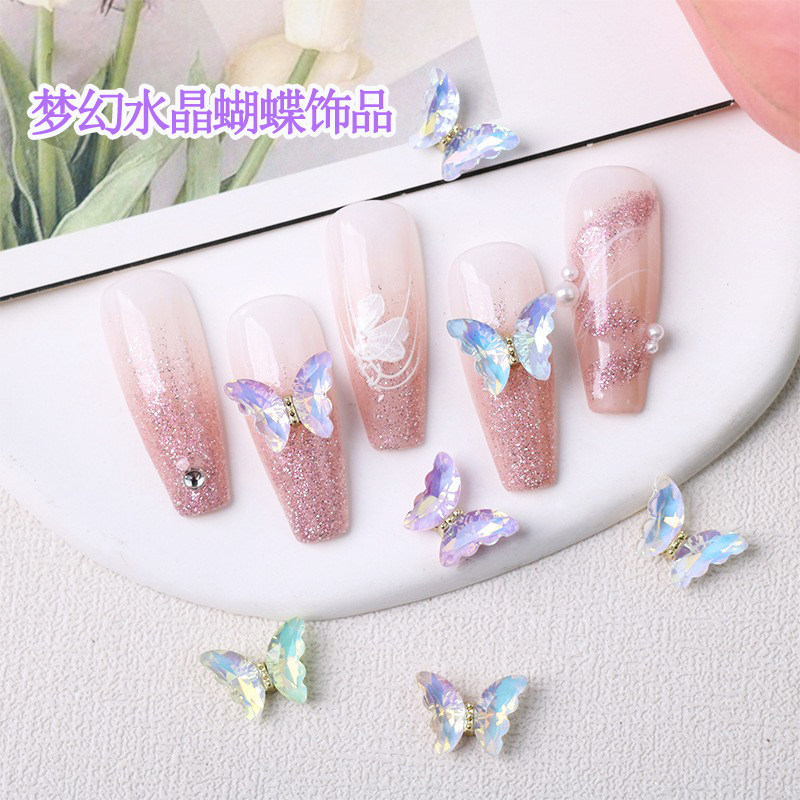 网红美甲水晶蝴蝶钻石饰品超闪幻彩极光热卖立体金属指甲装饰品
