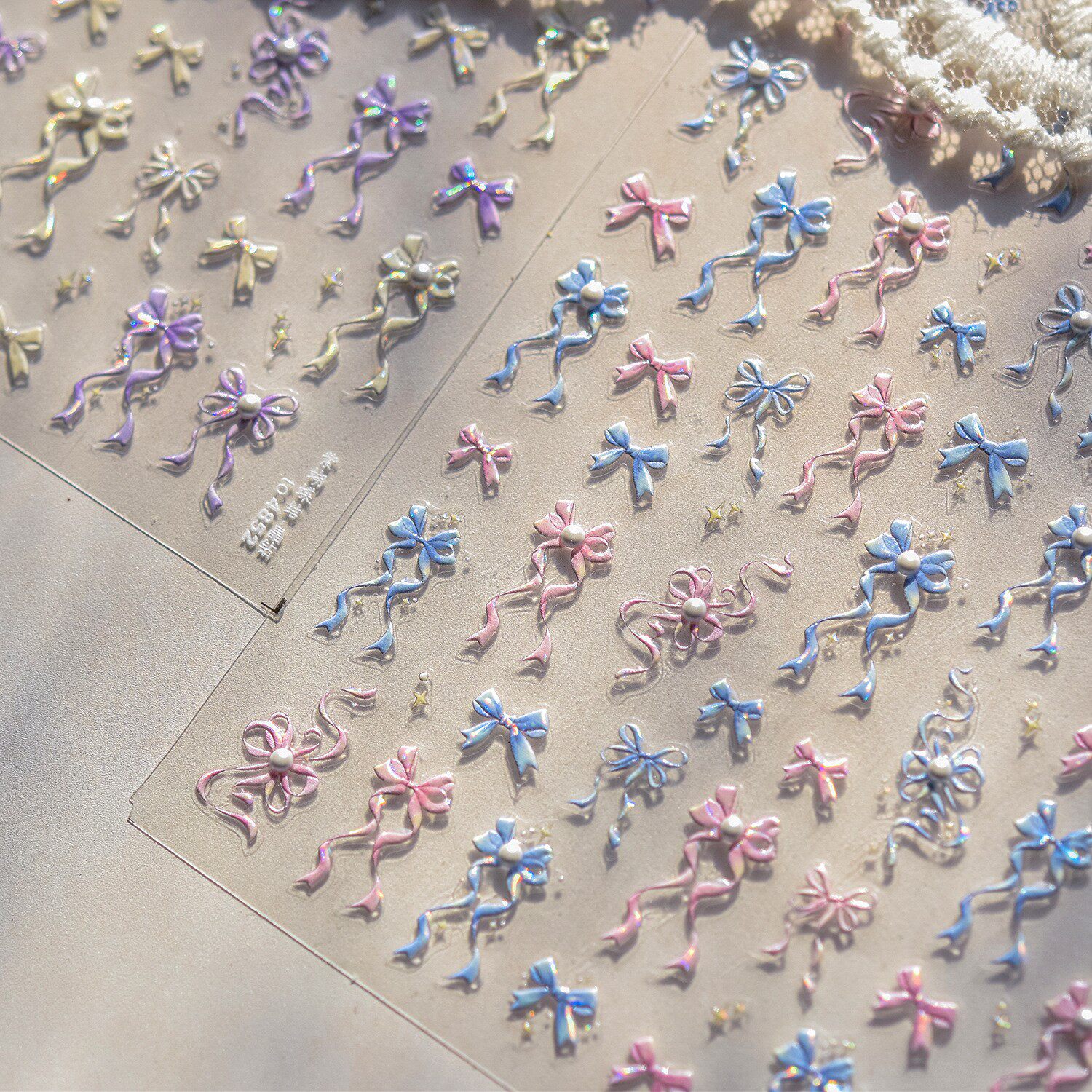 巴洛克蝴蝶结美甲贴纸浮雕晶钻珍珠彩色飘带领结5d指甲贴纸饰品