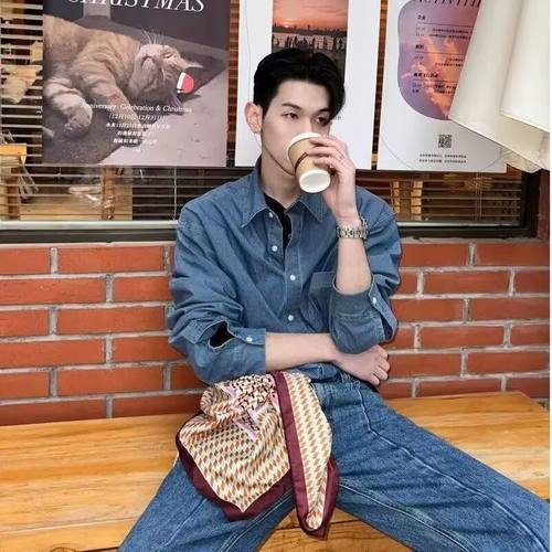 韩系休闲风宽松牛仔衬衫男长袖复古蓝色高级感痞帅简约潮流上衣