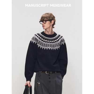 MANUSCRIPT费尔岛针织毛衣 羊绒感慵懒高级感套头圆领提花针织衫