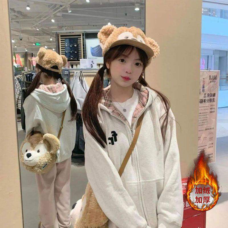 慵懒风格子拼接连帽宽松卫衣女加绒加厚宽松开衫学生日常百搭外套