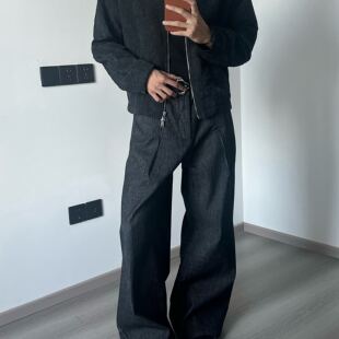 黑色条纹打褶阔腿原牛14oz水洗a字牛仔裤直筒宽松百搭通勤 Xanvas