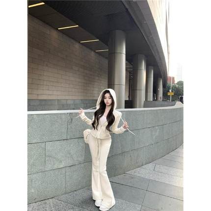 奥粒绒连帽卫衣开衫外套女冬季时尚套装加绒加厚微喇叭长裤两件套