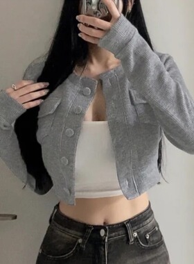 小香风灰色短款露腰长袖圆领夹克外套女春秋季显瘦修身又酷又飒潮