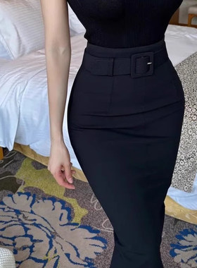 包臀半身长裙女黑色中长款春秋包裙2026春季高腰腰带西装女主裙子