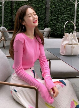 韩国chic新款时尚上衣2026春秋季新款韩版修身ins打底粉色长袖T恤