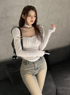 韩国东大门新款 方领露背收腰小女人味纯欲辣妹T恤挂脖上衣含围巾