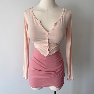 简约春夏新款 现货 显身材弧形下摆收腰开衫 超级推荐 纯色外搭 热卖