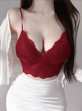 韩国辣妹别致纯欲蕾丝吊带背心女内搭美背文胸一体打底带胸垫上衣