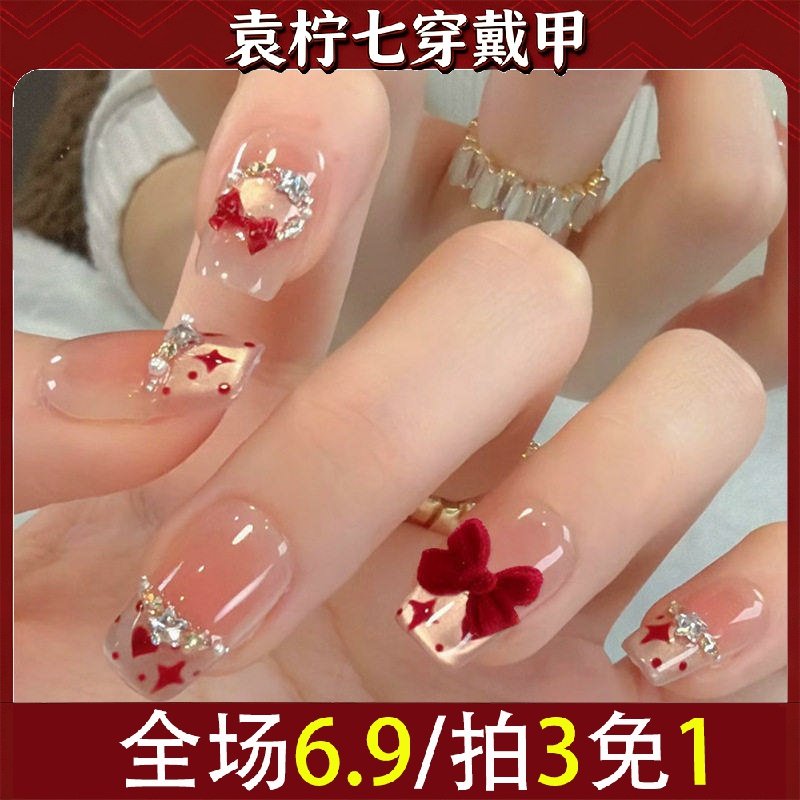 秋冬新年爆款穿戴甲纯手作丝绒蝴蝶结星星点钻美甲穿戴式甲片3135,彩妆/香水/美妆工具,穿戴甲/甲片,淘宝优惠券,粉丝福利购,淘宝优惠卷