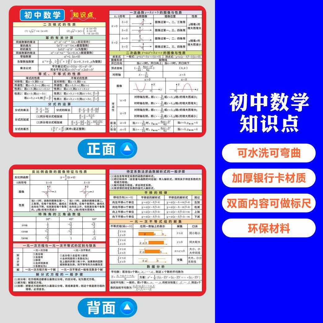 初中数学公式记忆手卡知识点归纳总结数理化全套中考提分必背速记