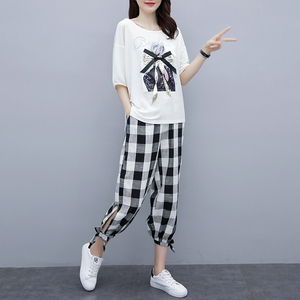 RM14833#大码女装2023夏款短袖洋气两件套胖MM遮肚显瘦T恤格子裤子套装潮