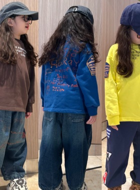 闲闲家秋冬款dd儿童加绒圆领套头卫衣男女童贴布洋气印花宝宝上衣