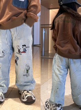 闲闲家冬款dd儿童复古做旧加绒条纹长裤子男女童涂鸦保暖直筒裤