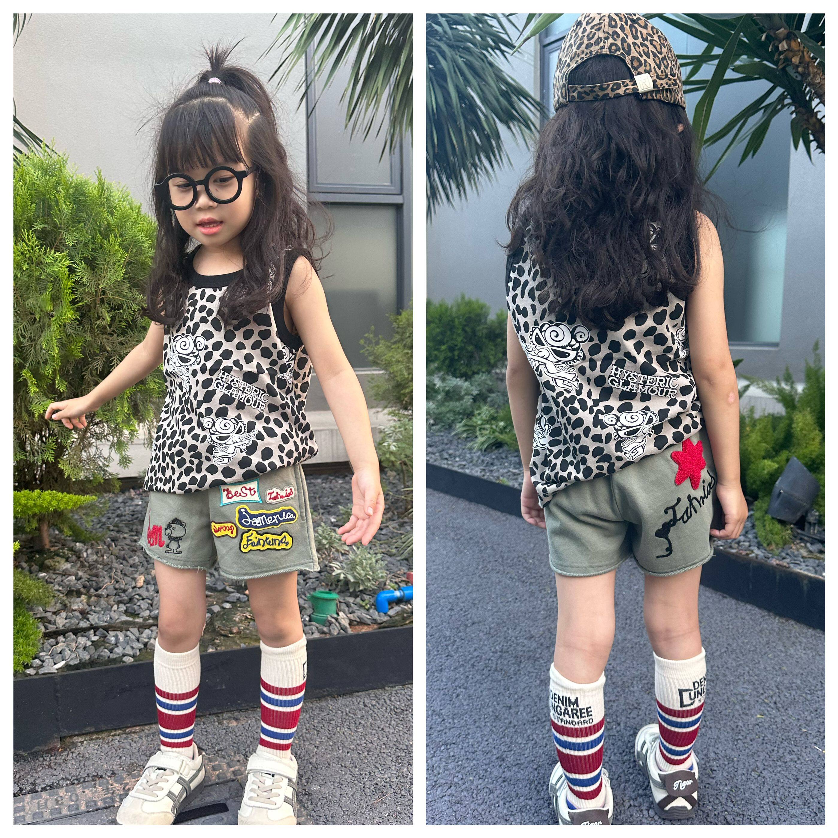 夏季新款黑超潮牌豹纹满印儿童背心日系奶嘴童装女童宝宝无袖上衣