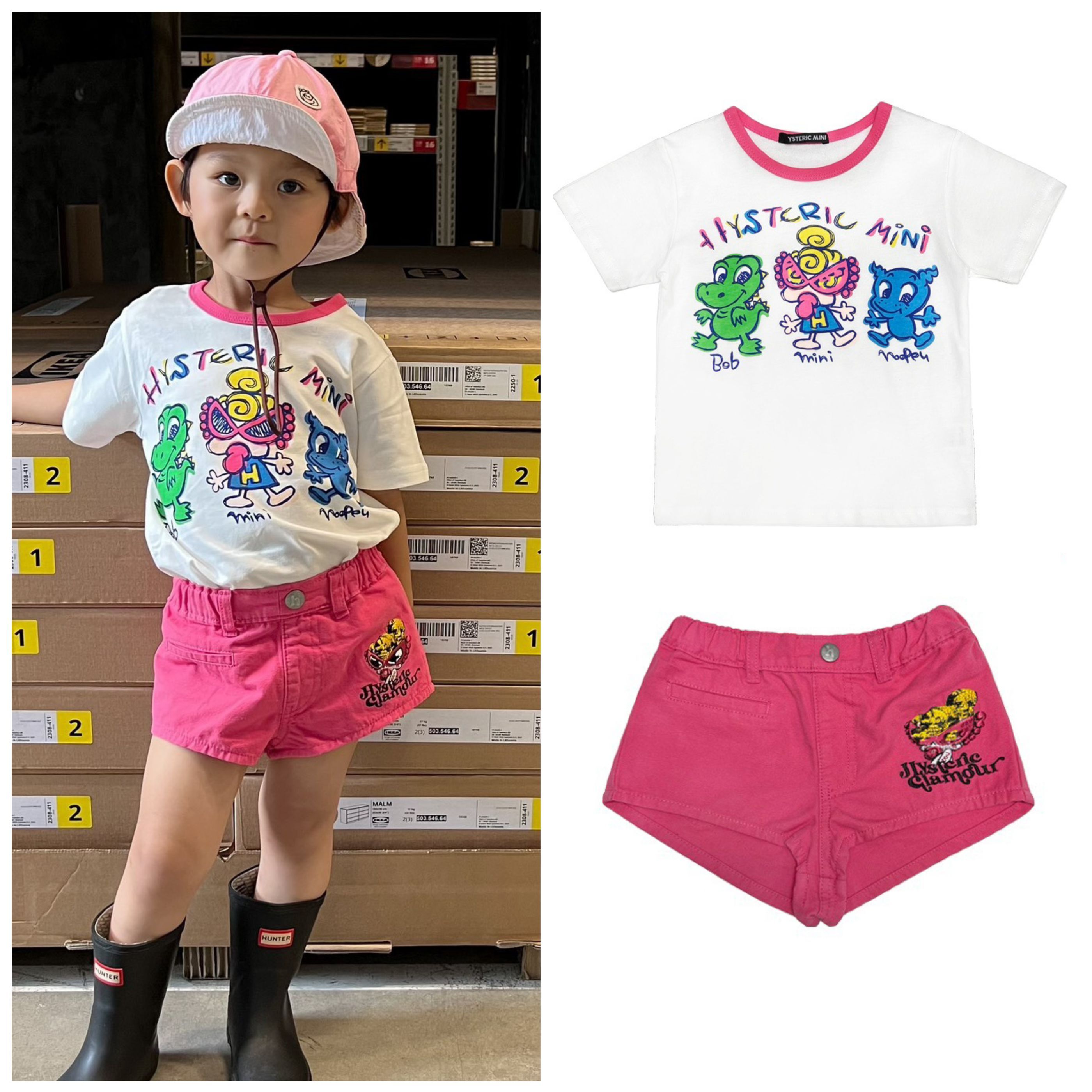 24年新款黑超奶嘴童装日系儿童手绘好朋友印花短袖t恤 玫红热短裤