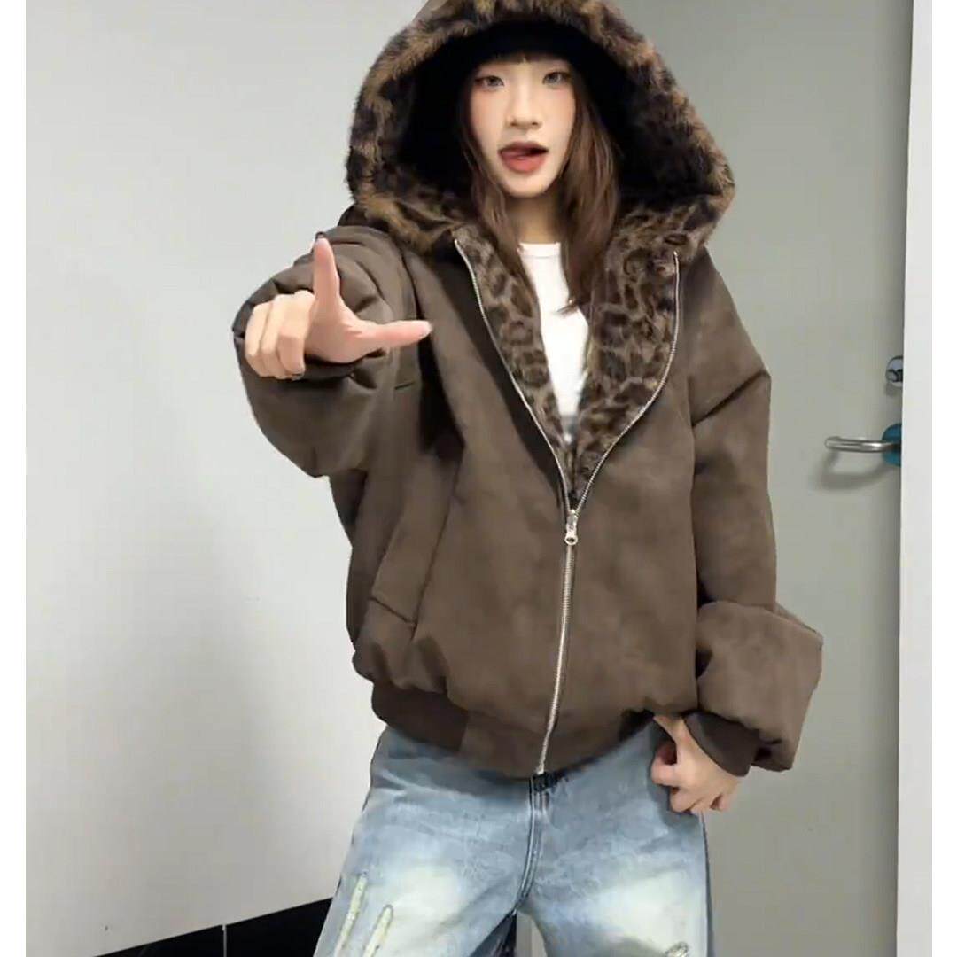 美拉德豹纹双面穿棉服男女冬季加绒加厚高级感保暖连帽座山雕外套