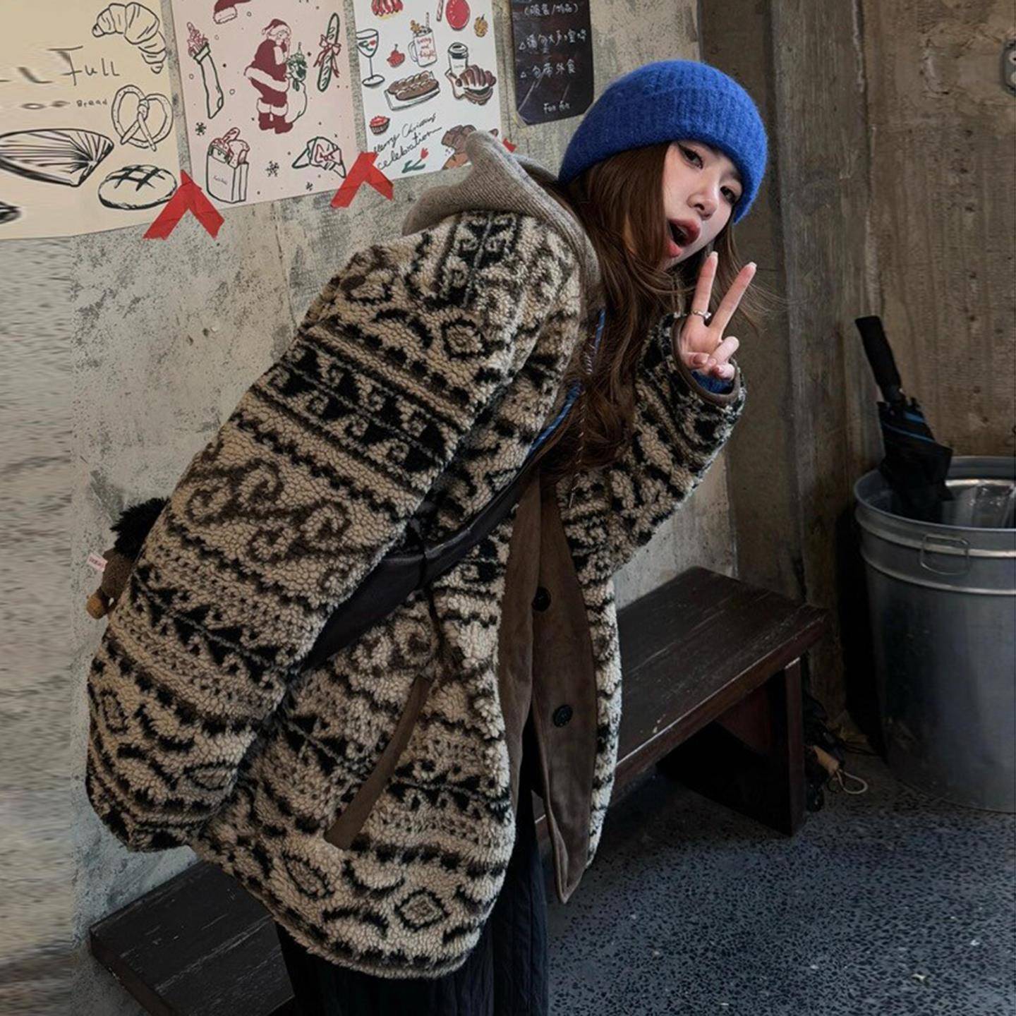 费尔岛印花环保羊羔毛新款秋冬高级感保暖外套毛毛绒复古慵懒大衣