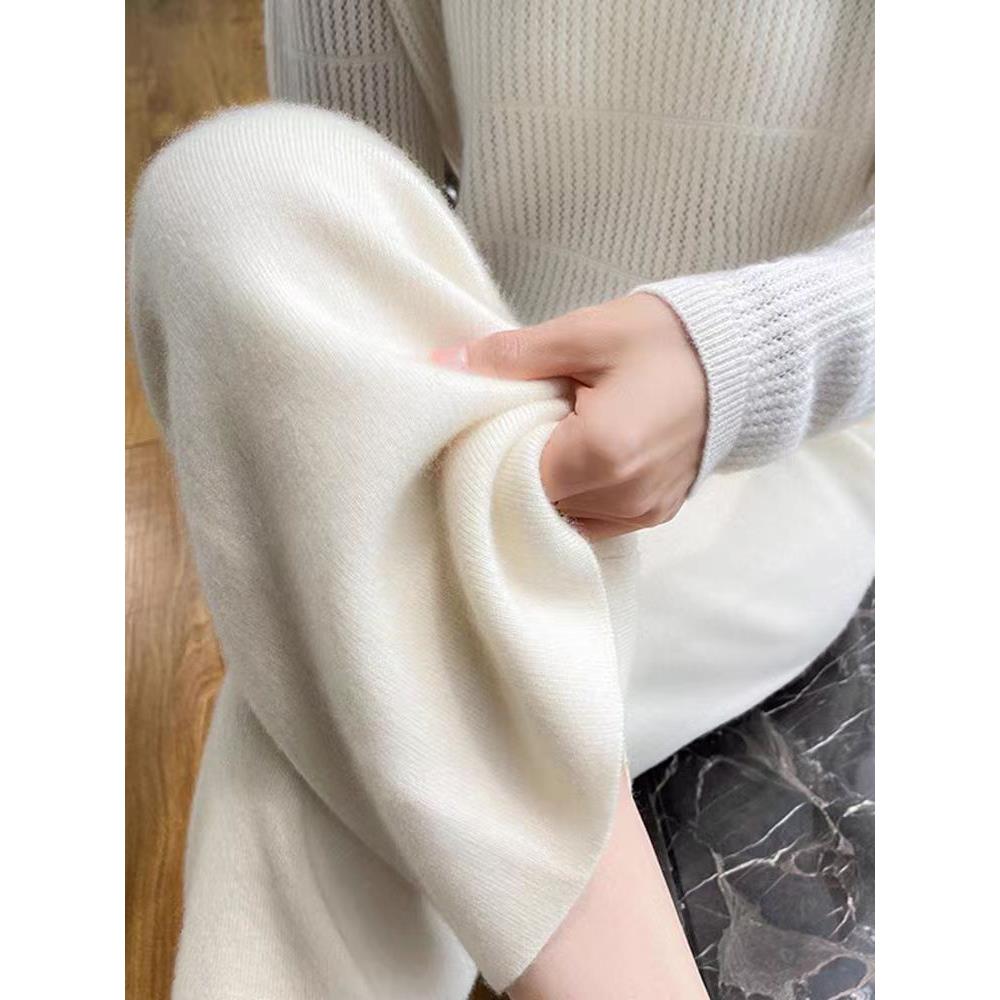 100%澳洲羊毛阔腿裤女秋冬高腰外穿针织直筒加厚垂感云朵长裤白色