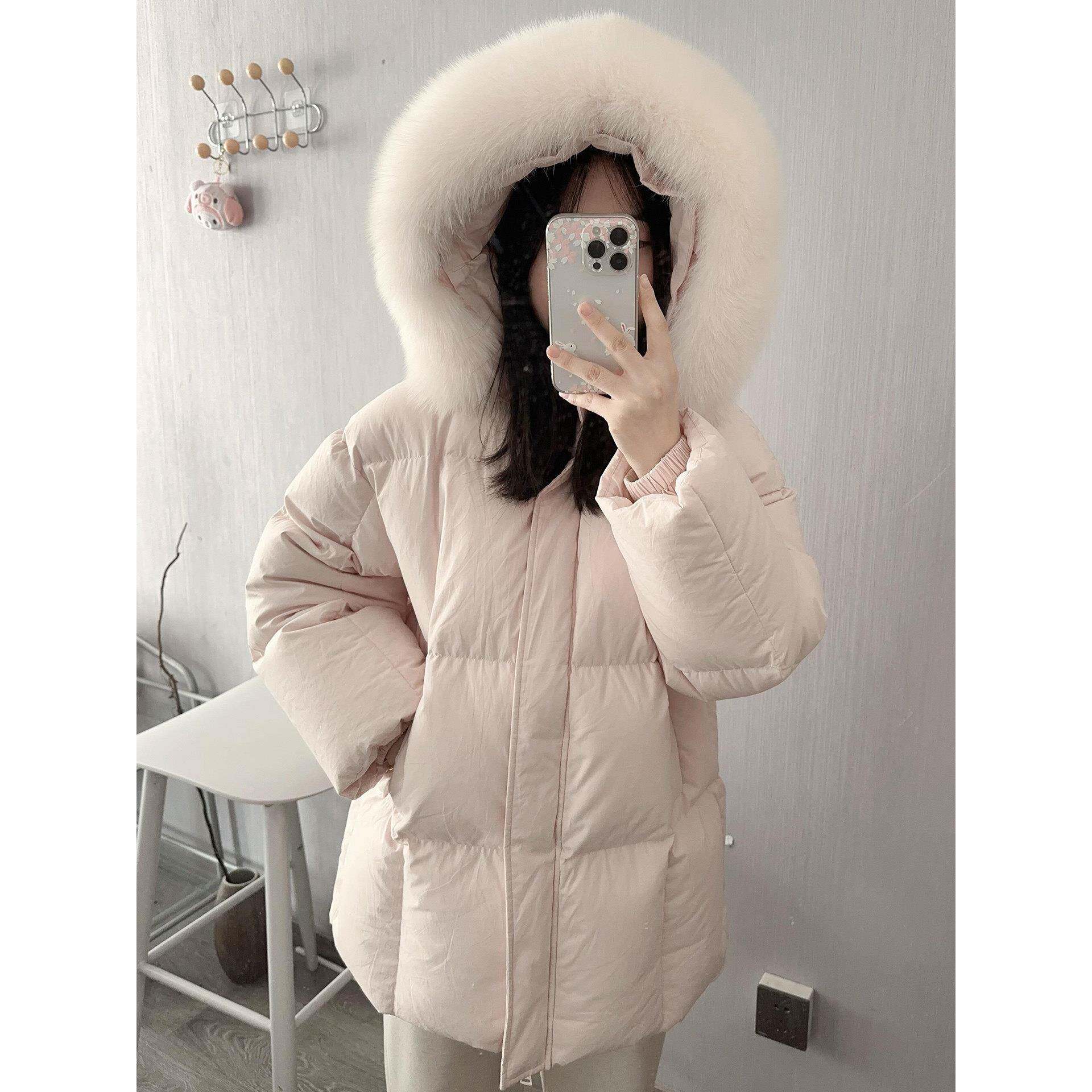 大毛领羽绒服女2025新款冬季中长款白鸭绒连帽加厚甜美小个子外套