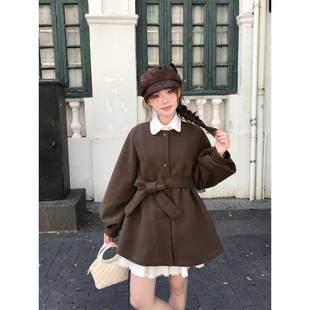 秋冬2025年巨好看双面毛呢外套女小个子法式穿搭系带灯笼袖风衣裙
