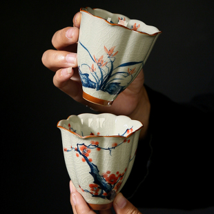 德化花口手绘茶杯陶瓷功夫茶具主人杯子品茗杯单杯个人专用釉下彩