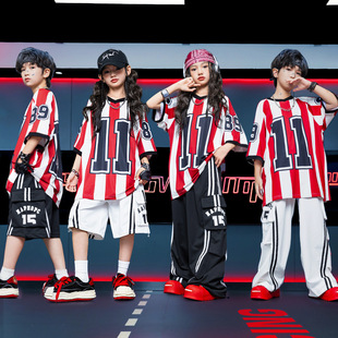 儿童街舞爵士舞服装少儿hiphop嘻哈酷帅演出服炸街红白条纹套装