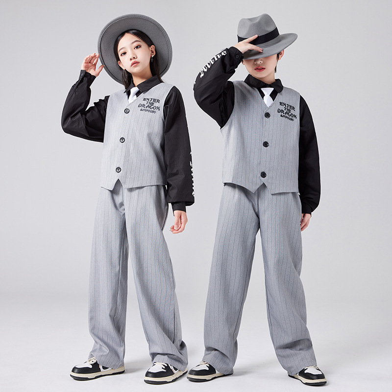 儿童爵士舞套装西装马甲潮服Popping街舞演出服locking锁舞男女童