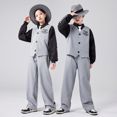 儿童爵士舞套装西装马甲潮服Popping街舞演出服locking锁舞男女童