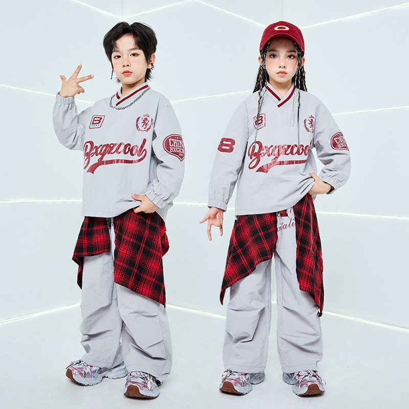 儿童街舞演出服爵士舞灰色字母套装男童潮服少儿hiphop嘻哈女走秀