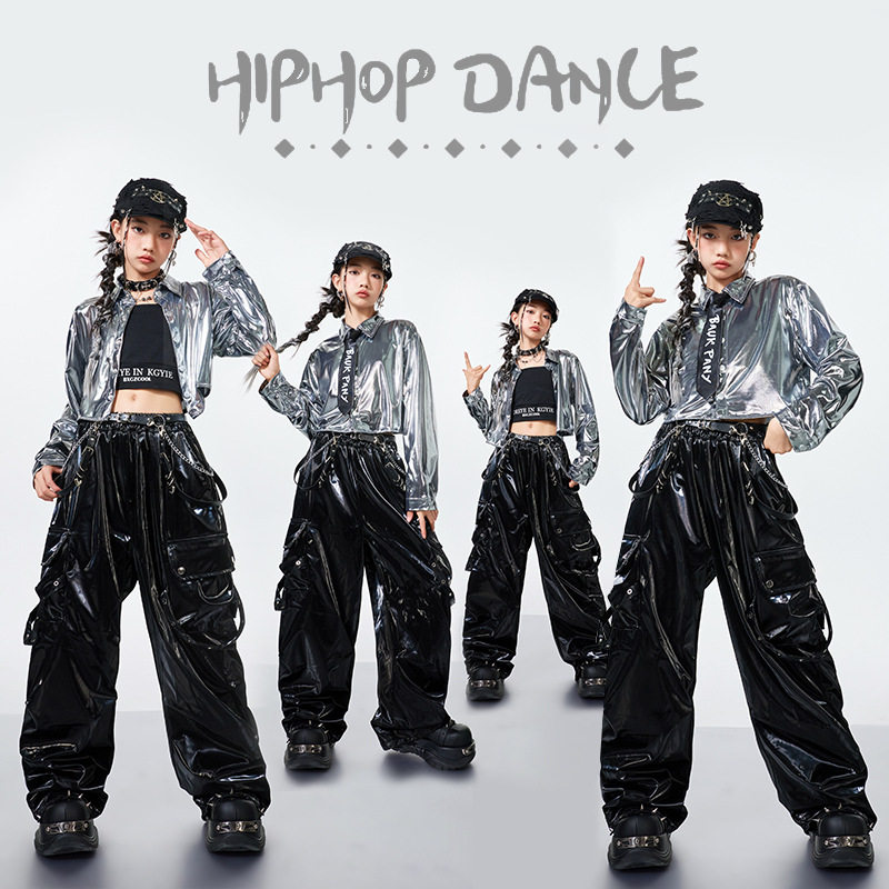 儿童爵士舞服装女童露脐JAZZ灰色皮衣套装街舞演出服潮酷模特
