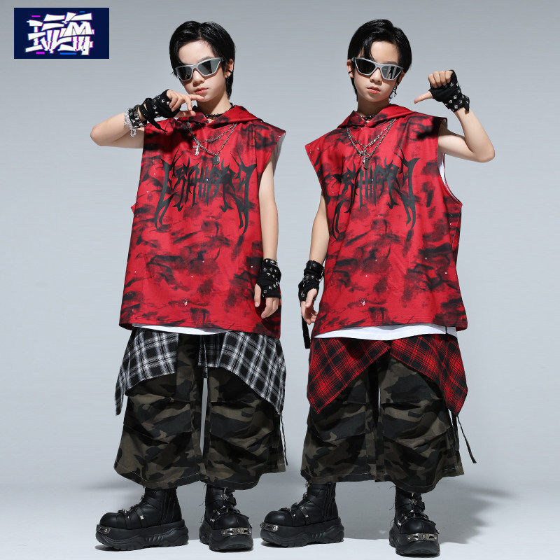 街舞儿童潮服酷帅男童连帽背心套装hiphop少儿架子鼓表演出服装夏