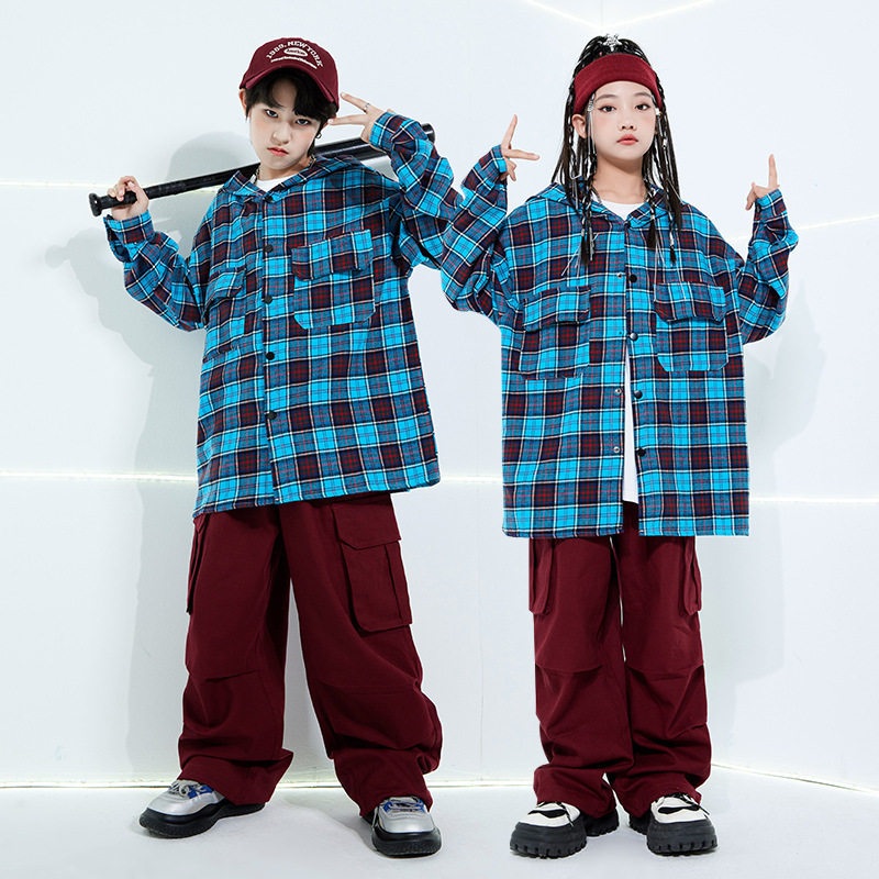 街舞儿童潮服演出服男童套装hiphop童装少儿定制爵士蓝色格子衬衫