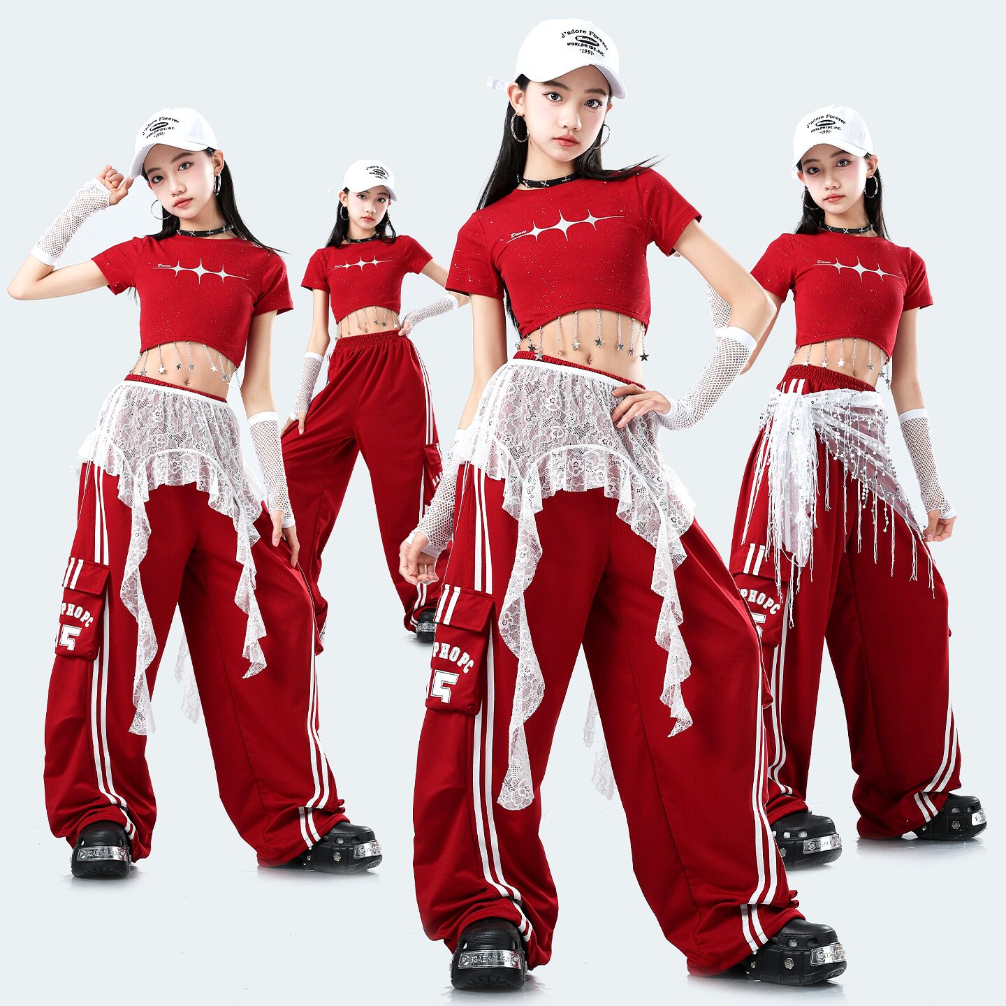 六一儿童演出服女童露脐jazz爵士舞街舞表演服模特走秀女团红色夏