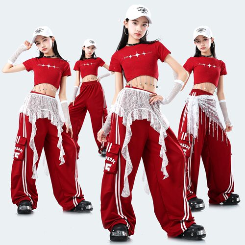 六一儿童演出服女童露脐jazz爵士舞街舞表演服模特走秀女团红色夏