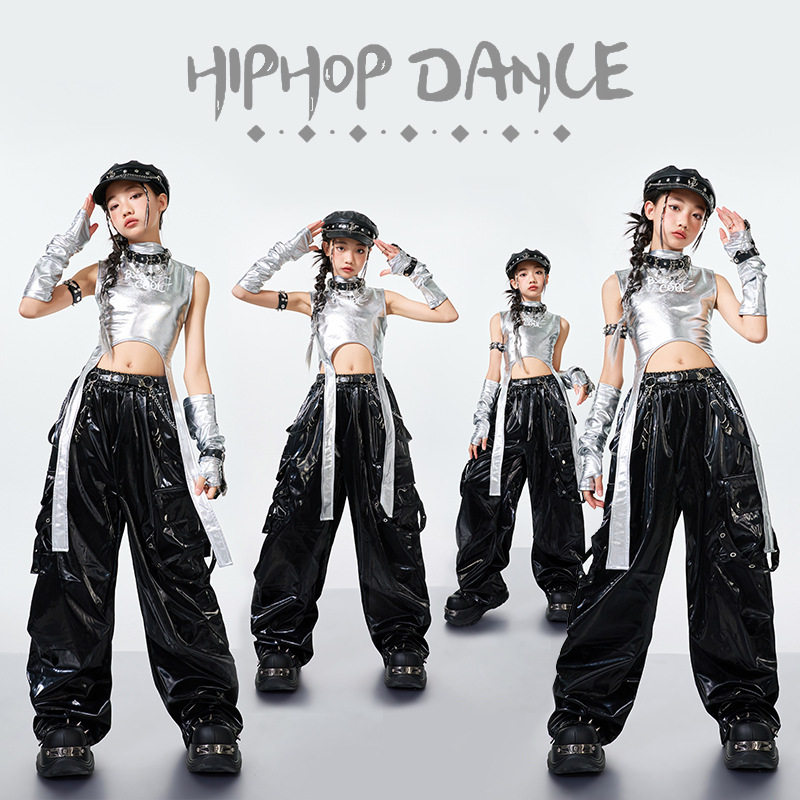 儿童爵士舞服装女童露脐JAZZ银色皮衣套装街舞演出服潮酷模特