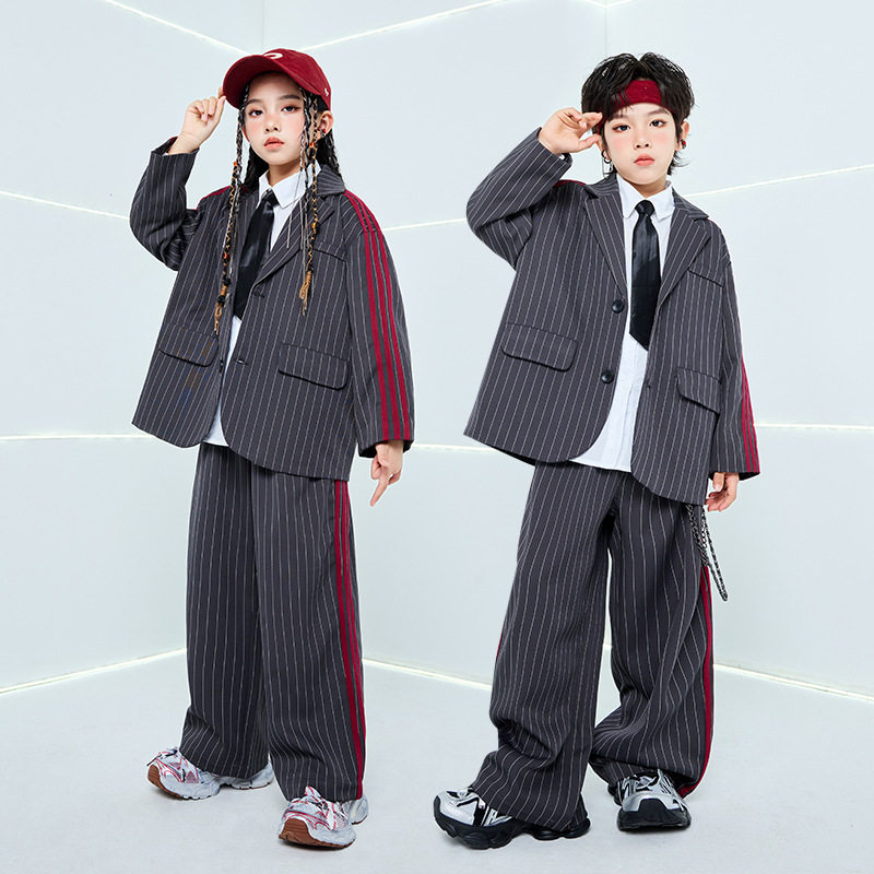 儿童爵士舞套装灰色条纹西装男童潮服少儿街舞演出服hiphop嘻哈女