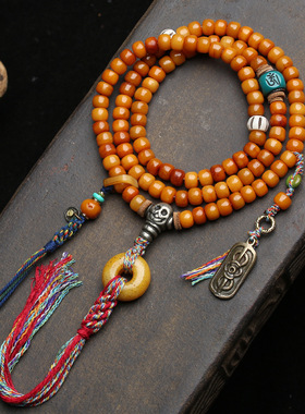 藏传回流牦牛骨108颗佛珠毛衣链藏式文玩骆驼骨藏银根付琉璃配饰