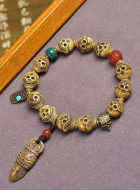 藏传回流骨雕刻尸陀林主文玩手串单圈料器阿呆玛瑙天珠铜卡子配饰