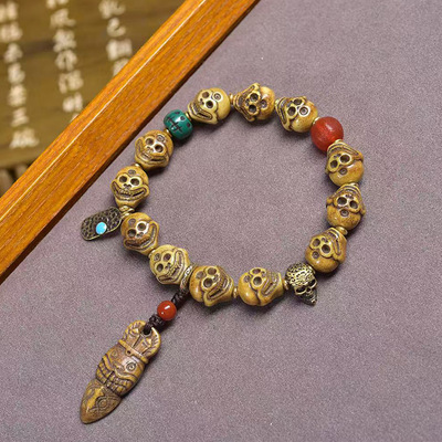 藏传回流骨雕刻尸陀林主文玩手串单圈料器阿呆玛瑙天珠铜卡子配饰