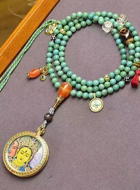 藏区文玩小唐卡摩利支天菩萨佛牌吊坠毛衣链玛瑙天珠配饰松石项链