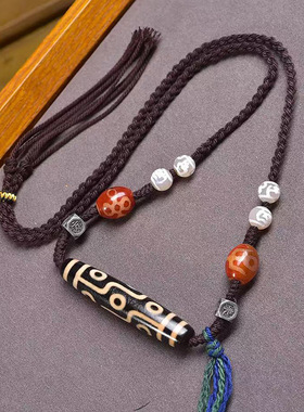 天然玛瑙九眼天珠吊坠毛衣链五眼闪电宝瓶天珠配饰手工编织绳项链