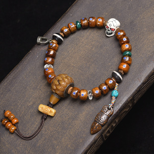 藏传回流骆驼骨桶珠文玩手串单圈青金石镶嵌复古牦牛骨佛珠手链