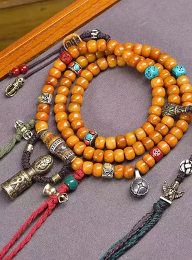 藏传回流牦牛骨桶珠佛珠脖挂藏式文玩料器骰子老铜三通大鹏鸟配饰