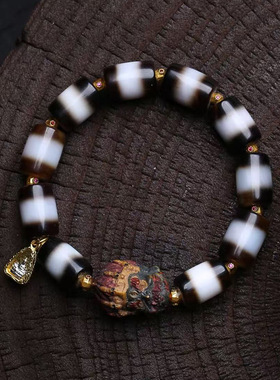 天然西亚古珠镶蚀玛瑙天珠手串单圈根付大黑天配饰素珠文玩手链