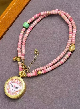 藏式文玩小唐卡扎基拉姆吊坠狐狸挂脖锁骨链草莓晶蔷薇石项链女