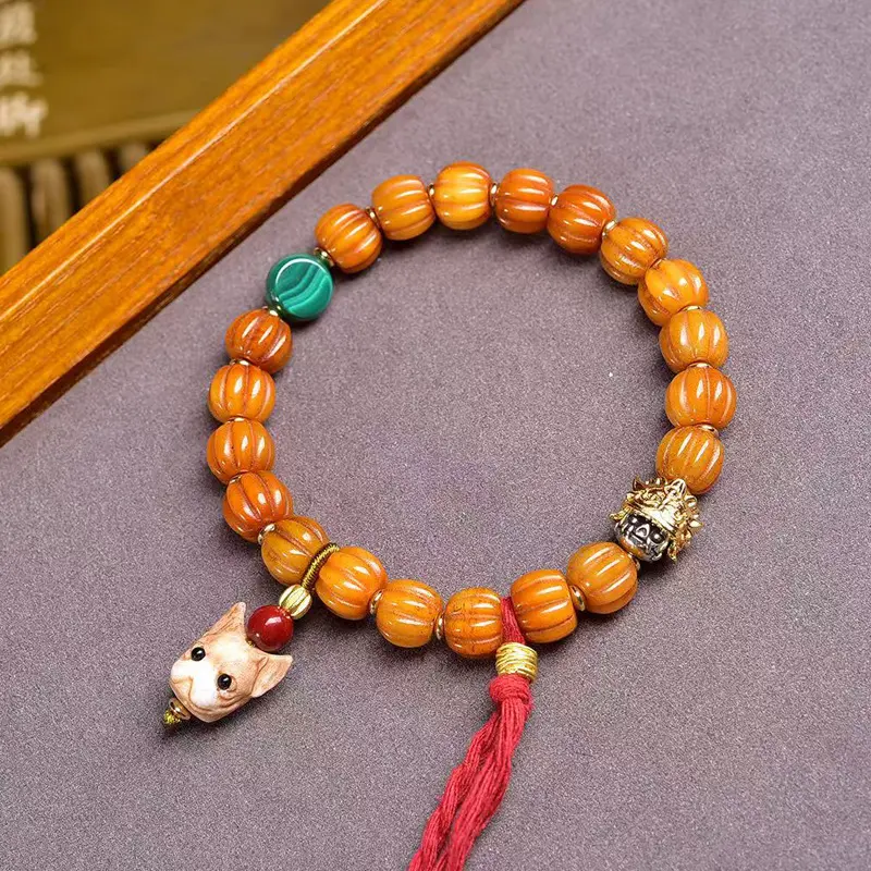 藏传回流骨雕刻瓜珠文玩手串单圈藏式佛珠孔雀石根付料器配饰手链